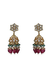Gold Plated Pink Beaded & Pearl Jhumka Earrings