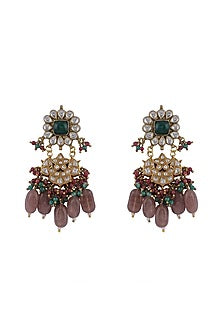 Gold Plated Pastel Pink Beaded & Pearl Dangler Earrings