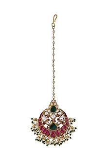 Gold Plated Pink & Green Jadtar Maangtikka
