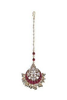 Gold Plated Pink & White Jadtar Maangtikka