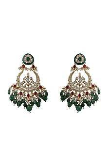 Gold Plated Green & Pink Jadtar Chandbaali Earrings