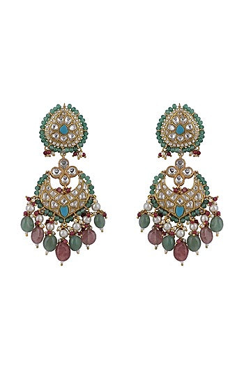 Gold Plated Jadtar & Pink Bead Chandbaali Earrings