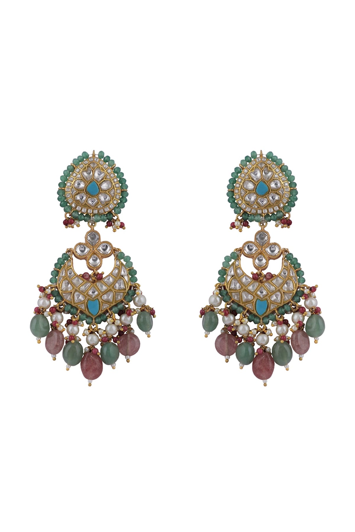 Gold Plated Jadtar & Pink Bead Chandbaali Earrings