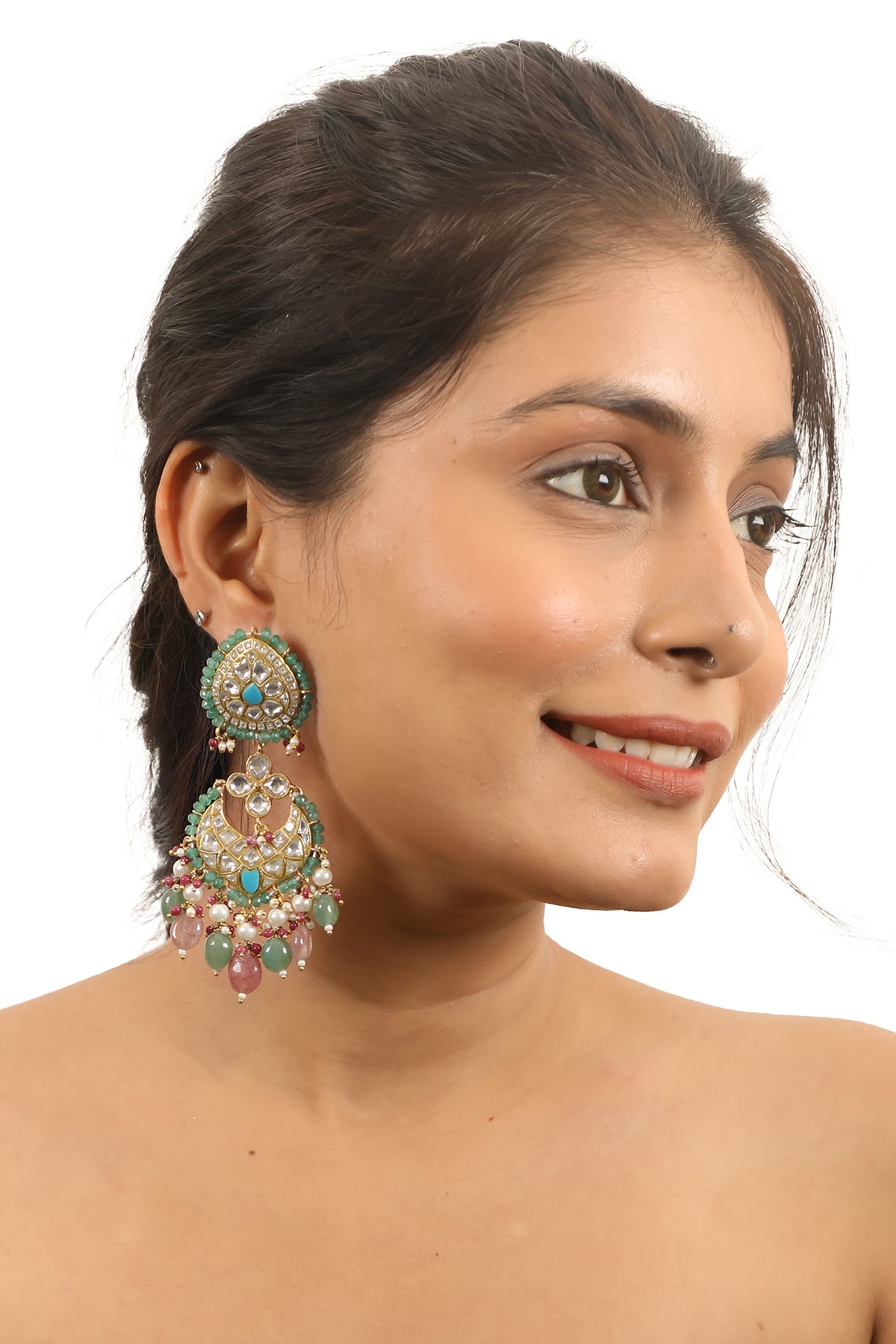 Gold Plated Jadtar & Pink Bead Chandbaali Earrings