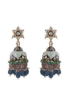 Gold Plated Jadtar & Beaded Meenakari Jhumka Earrings