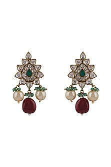 Gold Plated Pink & Green Jadtar Dangler Earrings
