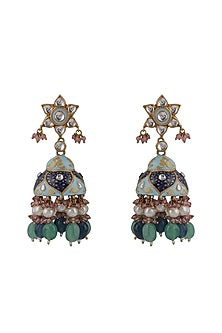Gold Plated Jadtar & Pearl Meenakari Jhumka Earrings