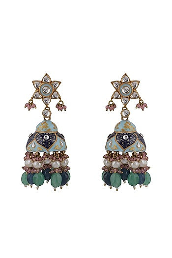 Gold Plated Jadtar & Pearl Meenakari Jhumka Earrings