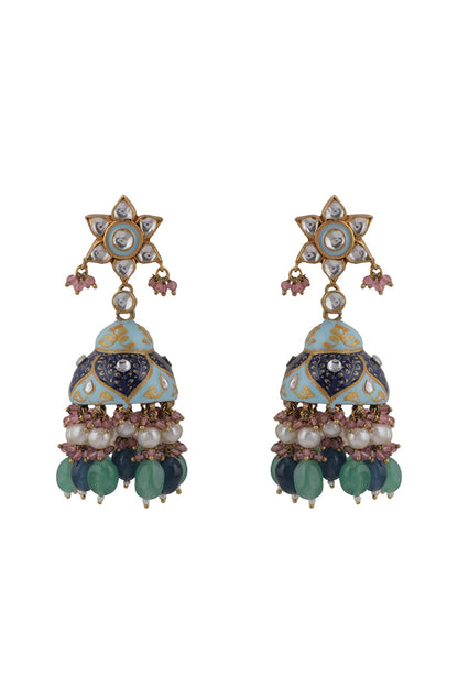 Gold Plated Jadtar & Pearl Meenakari Jhumka Earrings