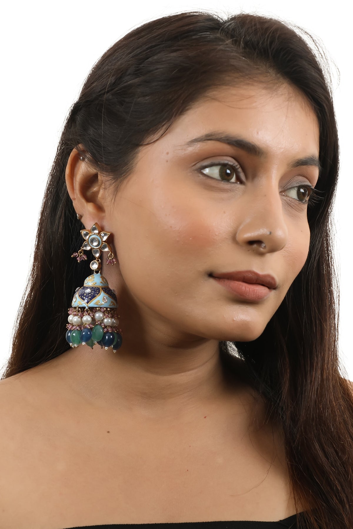Gold Plated Jadtar & Pearl Meenakari Jhumka Earrings