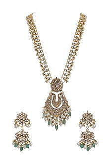Gold Plated Jadtar & Sea Green Beaded Long Necklace Set