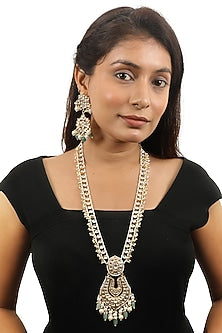 Gold Plated Jadtar & Sea Green Beaded Long Necklace Set