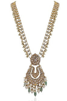Gold Plated Jadtar & Sea Green Beaded Long Necklace Set