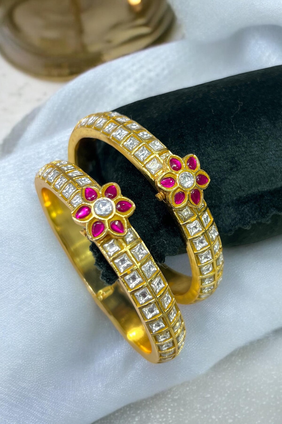 Matte Gold Plated Pink Jadau Stone Adjustable Floral Bangle