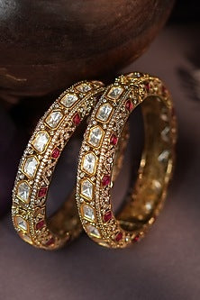 Matte Gold Plated Pink & White Moissanite Stone Adjustable Bangle