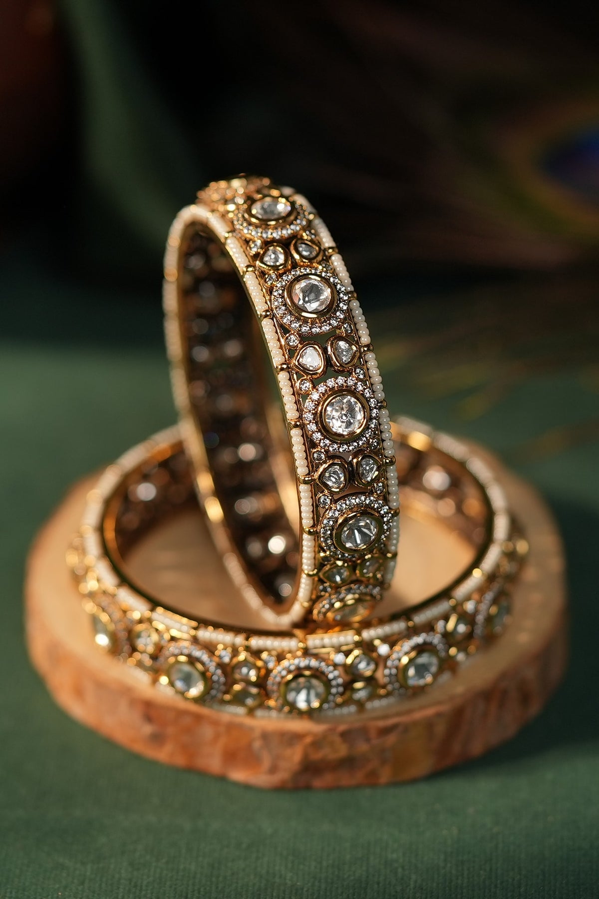 Matte Gold Plated White Jadtar Stone Adjustable Bangle