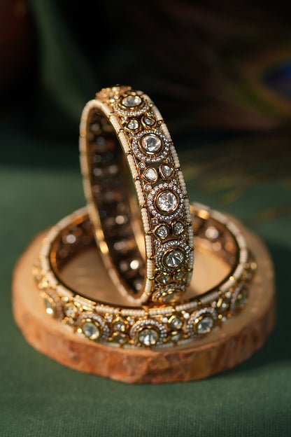 Matte Gold Plated White Jadtar Stone Adjustable Bangle
