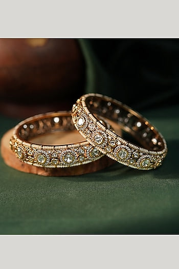 Matte Gold Plated White Jadtar Stone Adjustable Bangle