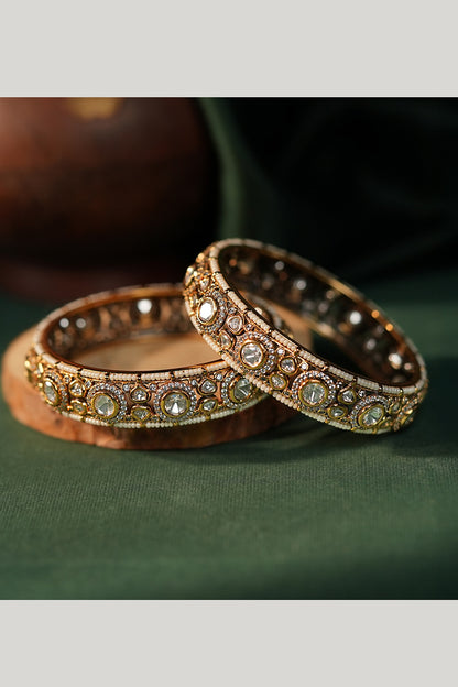 Matte Gold Plated White Jadtar Stone Adjustable Bangle