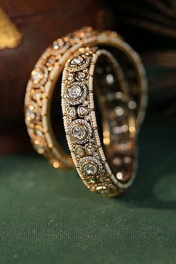 Matte Gold Plated White Jadtar Stone Adjustable Bangle