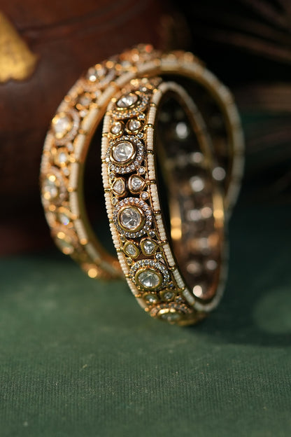 Matte Gold Plated White Jadtar Stone Adjustable Bangle