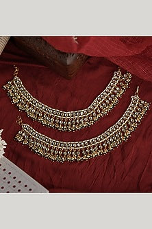 Matte Gold Plated Green & White Jadtar Stone Payals (Set Of 2)