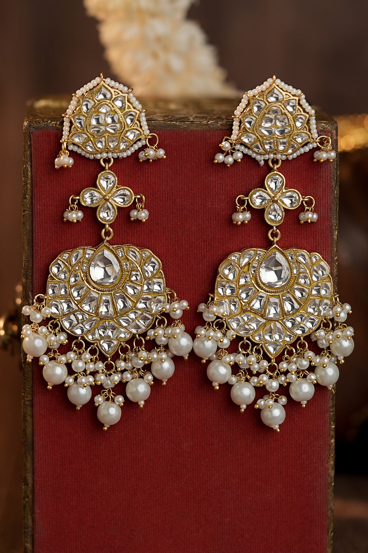Matte Gold Plated Pearl Long Earrings