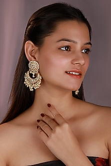 Matte Gold Plated Jadtar Stone & Glass Beaded Chandbali Earrings