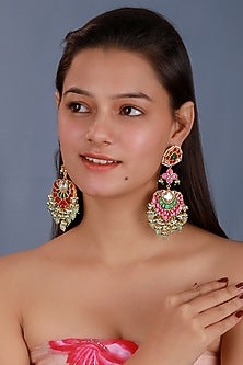 Matte Gold Plated Multi-Colored Jadtar Stone & Glass Beaded Long Earrings