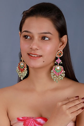 Matte Gold Plated Multi-Colored Jadtar Stone & Glass Beaded Long Earrings