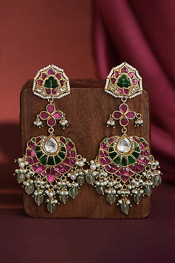 Matte Gold Plated Multi-Colored Jadtar Stone & Glass Beaded Long Earrings
