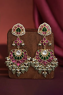 Matte Gold Plated Multi-Colored Jadtar Stone & Glass Beaded Long Earrings
