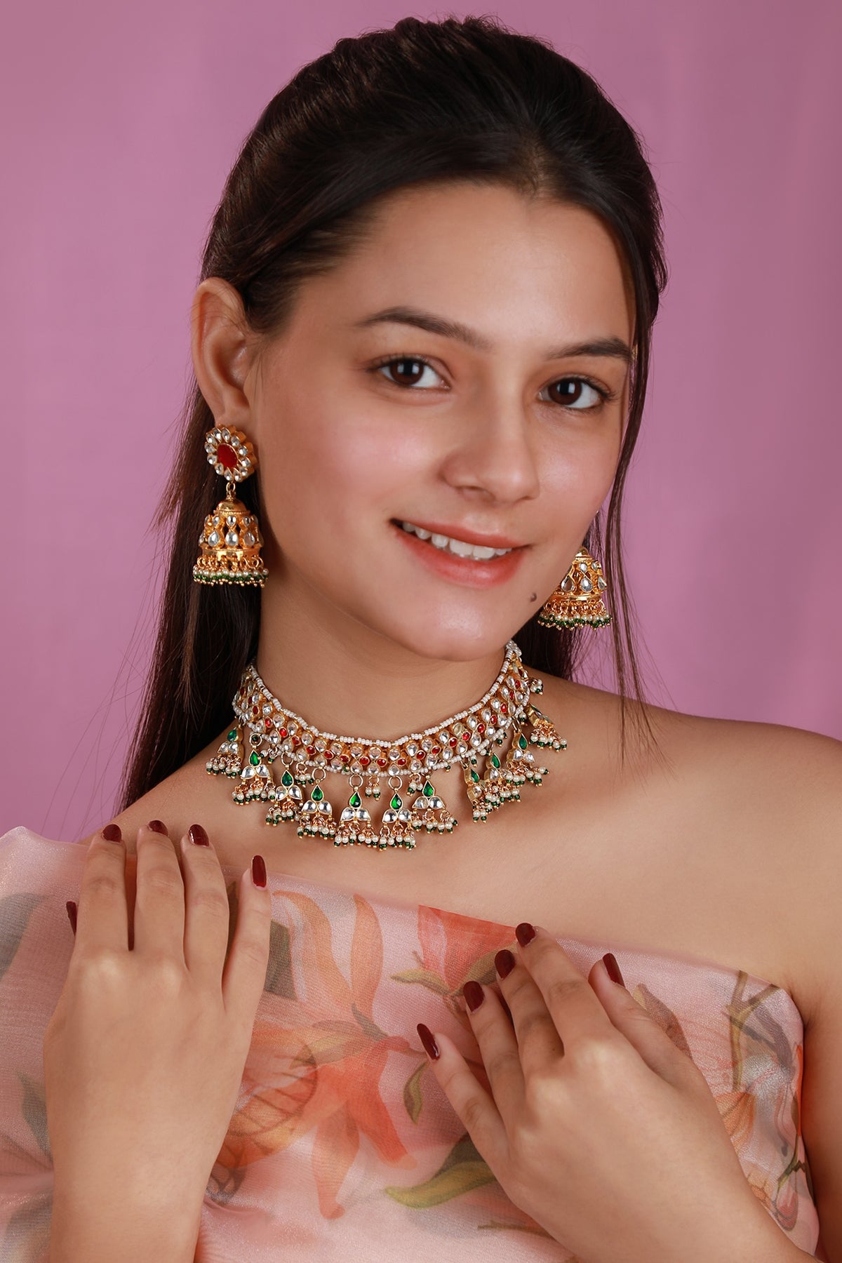 Matte Gold Plated Multi-Colored Jadtar Stone Choker Necklace Set