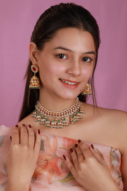 Matte Gold Plated Multi-Colored Jadtar Stone Choker Necklace Set