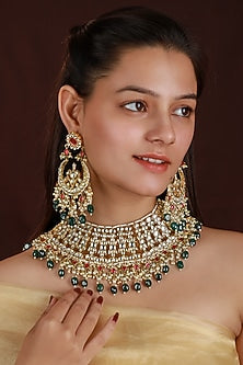 Matte Gold Plated Pink & Green Jadtar Stone Necklace Set
