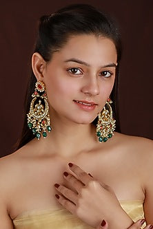 Matte Gold Plated Pink & Green Jadtar Stone Necklace Set