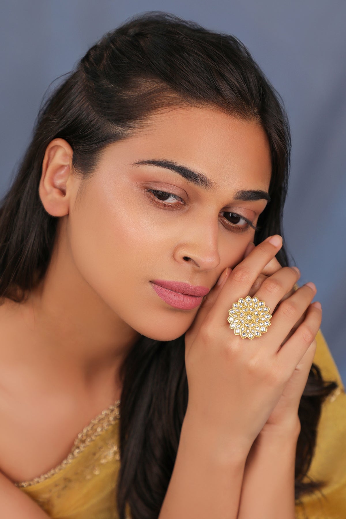 Matte Gold Plated White Stone Floral Ring