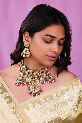 Matte Gold Plated Pearl & Ruby Pink Beaded Necklace Set
