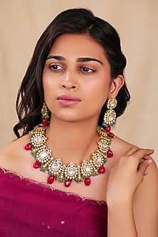 Two-Tone Finish Moissanite Polki & Ruby Beaded Necklace Set