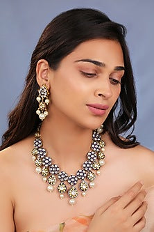 Matte Gold Plated Pearl Blue Meenakari Necklace Set