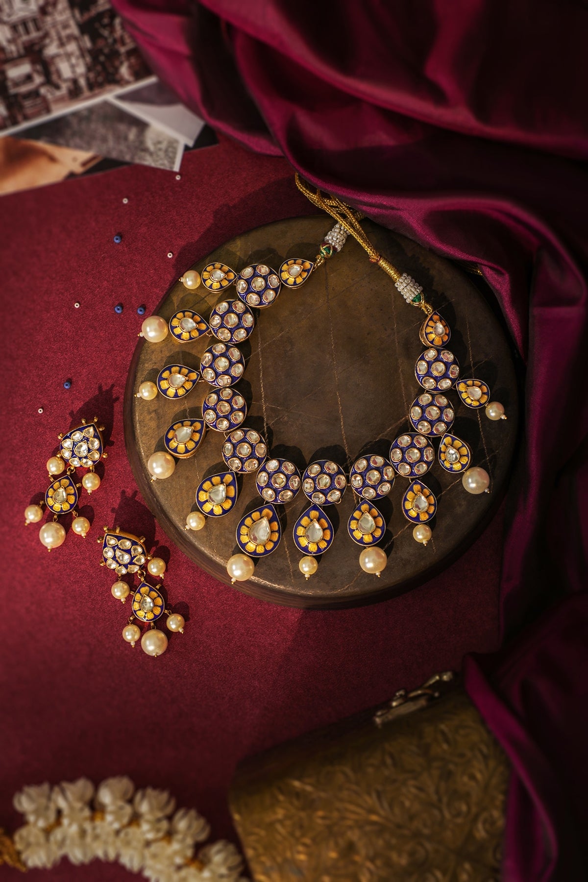 Matte Gold Plated Pearl Blue Meenakari Necklace Set