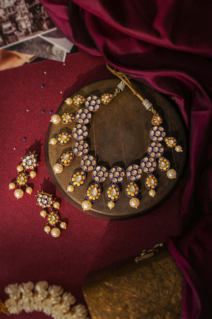 Matte Gold Plated Pearl Blue Meenakari Necklace Set
