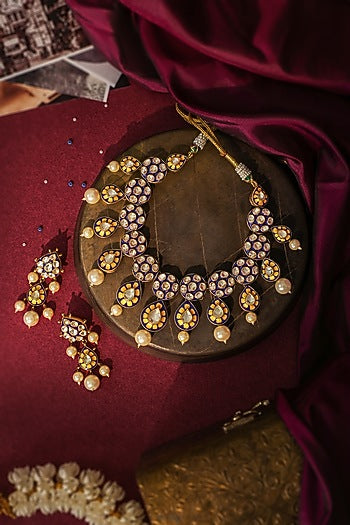 Matte Gold Plated Pearl Blue Meenakari Necklace Set