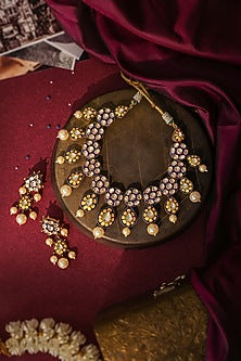 Matte Gold Plated Pearl Blue Meenakari Necklace Set