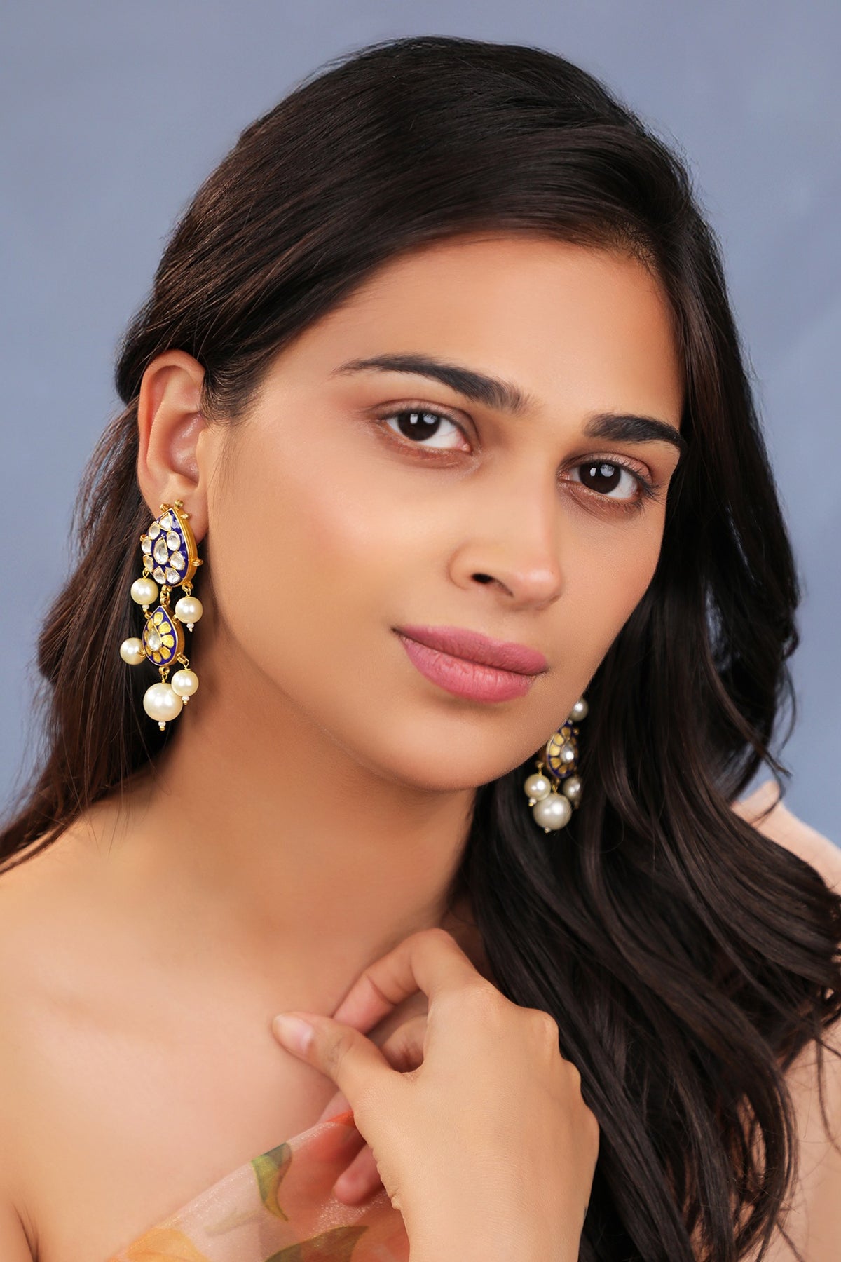 Matte Gold Plated Pearl Blue Meenakari Necklace Set