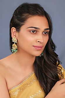 Matte Gold Plated Green Jadtar Stone & Pearl Floral Dangler Earrings