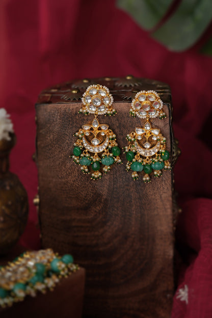 Matte Gold Plated Green Jadtar Stone & Pearl Floral Dangler Earrings