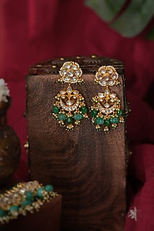 Matte Gold Plated Green Jadtar Stone & Pearl Floral Dangler Earrings