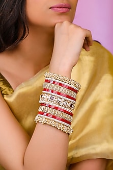 Matte Gold Plated Pearl Bangles (Set Of 21)