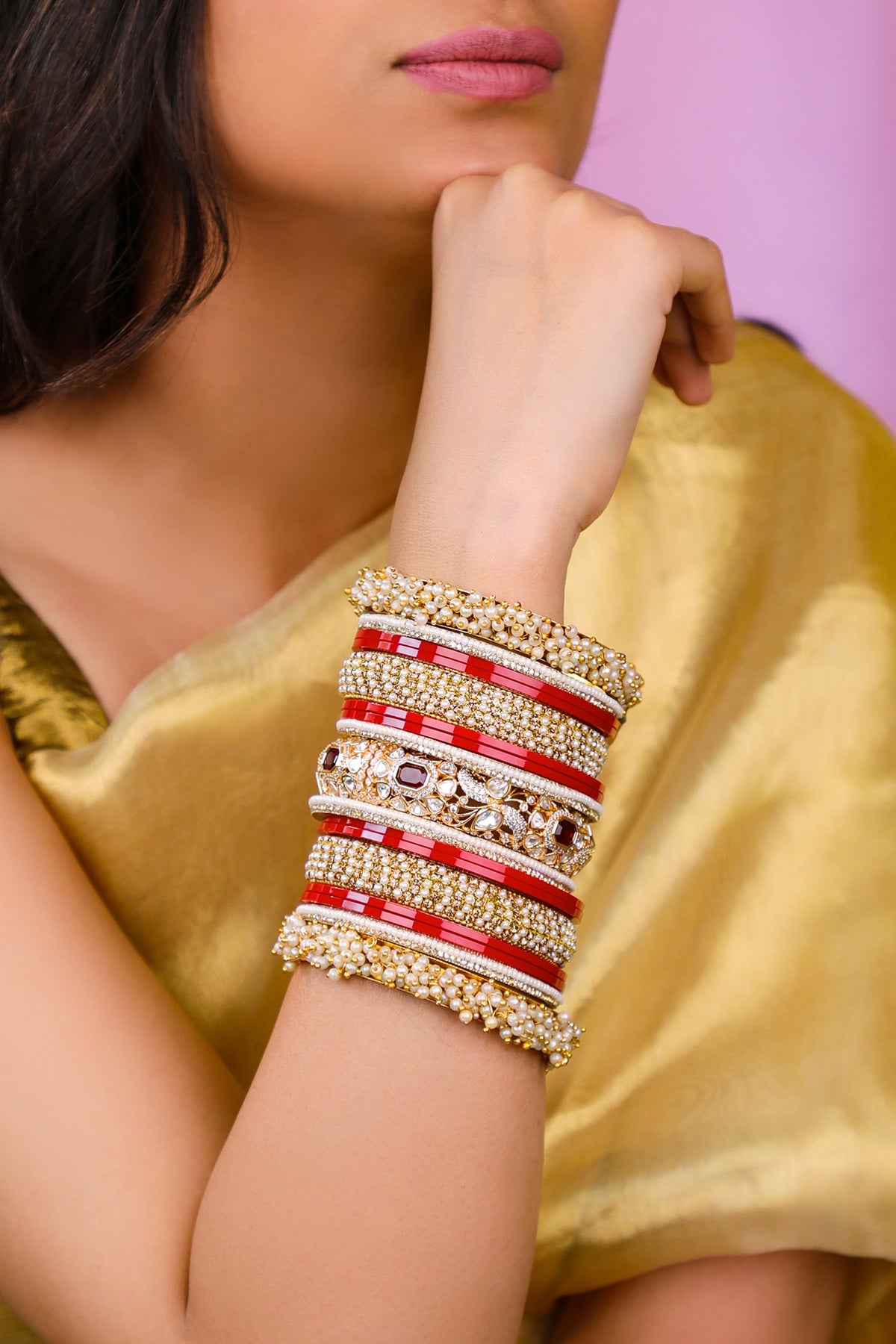 Matte Gold Plated Pearl Bangles (Set Of 21)